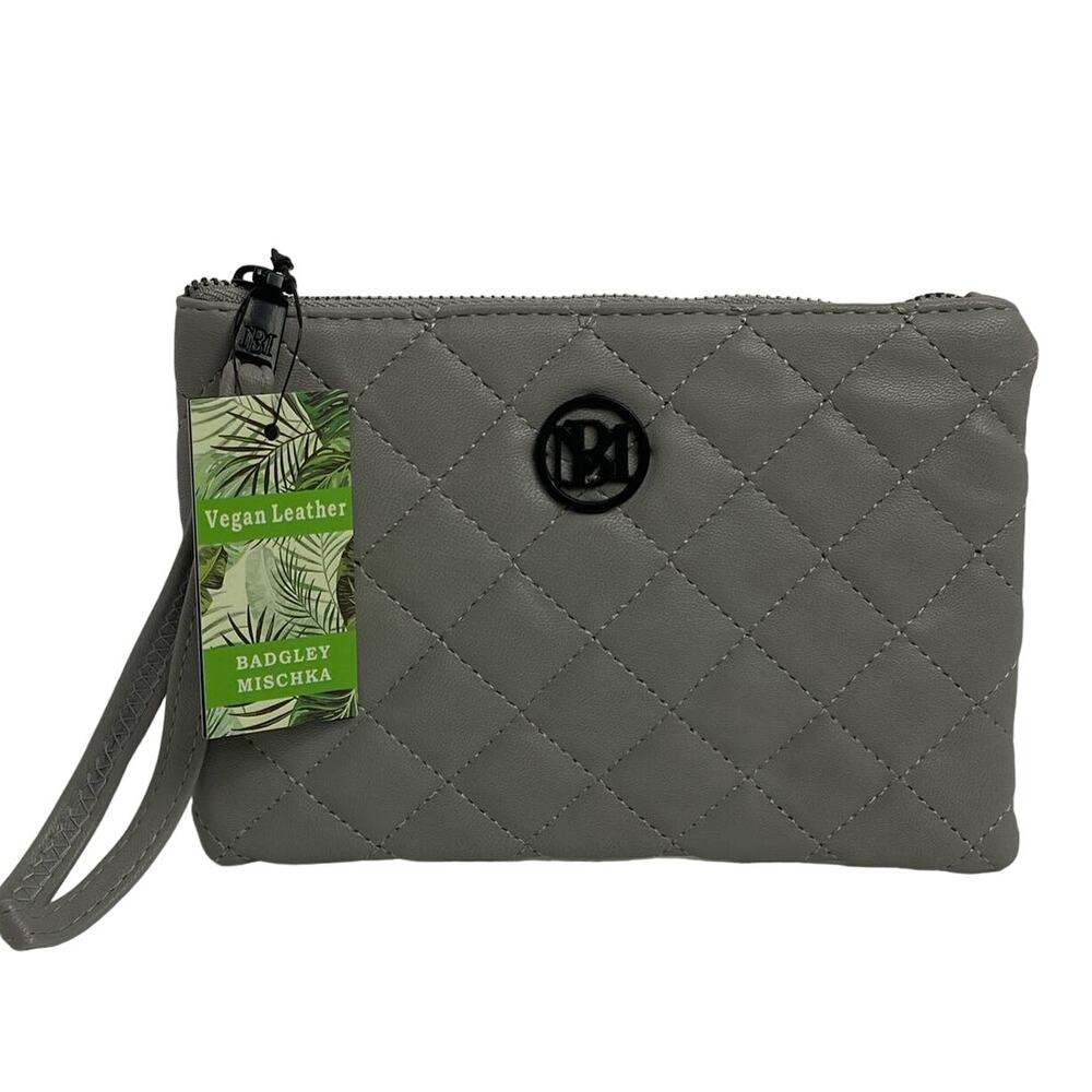 BADGLEY MISCHKA STUDIO Women's Quilted~Logo Vegan Leather Wristlet Grey NEW